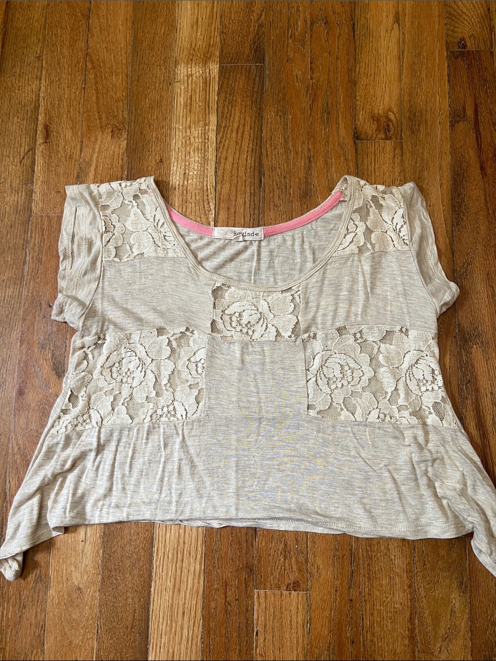 Mossimo Supply Co. Cream Lace-Panel Short Sleeve Top with Pink Neck Trim
